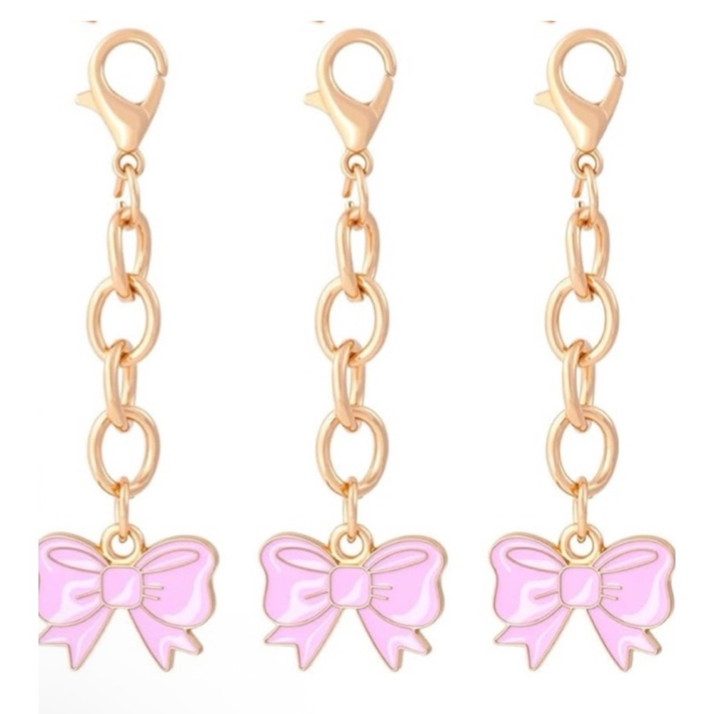 🎀NEW Set of 3❣️Bow Charm Gold & Pink Enamel Mini Bag Charm Zipper Pull Keychain